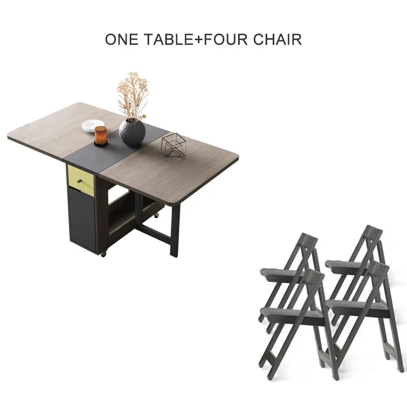 Folding Dining Table with Storage Rack and Two Storage Drawers, Movable Kitchen Table Extendable Versatile Table Space Saving