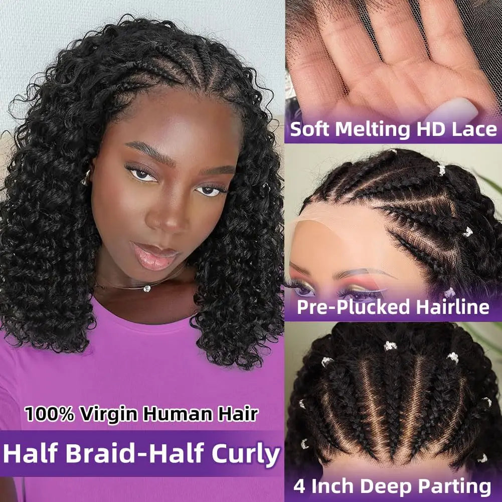 Braided Curly Bob Wig — Handmade Cornrow Lace Front, Human Hair