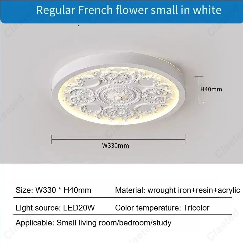 French Style Ceiling Lamp – Cream Flush Mount with Artistic Carving Home Lighting Fixtures for Bedroom, Bedroom, Study, Parlor