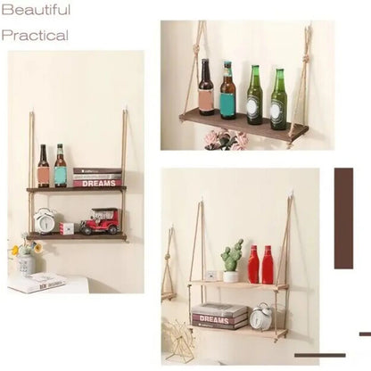 Wall-Mounted Floating Shelf with Rope, Rustic Wooden Dual-Layer Wall Storage Rack, Perfect Bathroom & Bedroom, Boho Home Decor