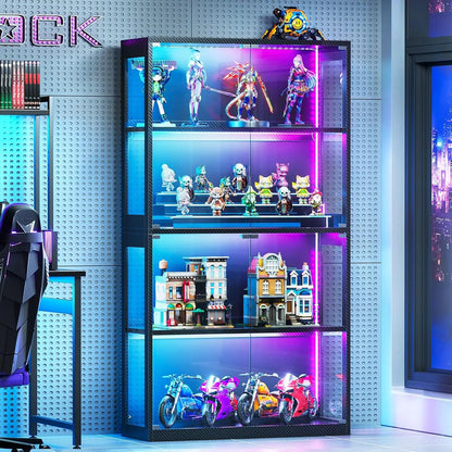 Glass Display Cabinet with Glass Doors, 4-Tier Display Case with RGB Lights, Glass Cabinet Shelf for Collectibles, Customized