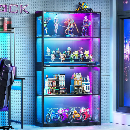 Glass Display Cabinet with Glass Doors, 4-Tier Display Case with RGB Lights, Glass Cabinet Shelf for Collectibles, Customized