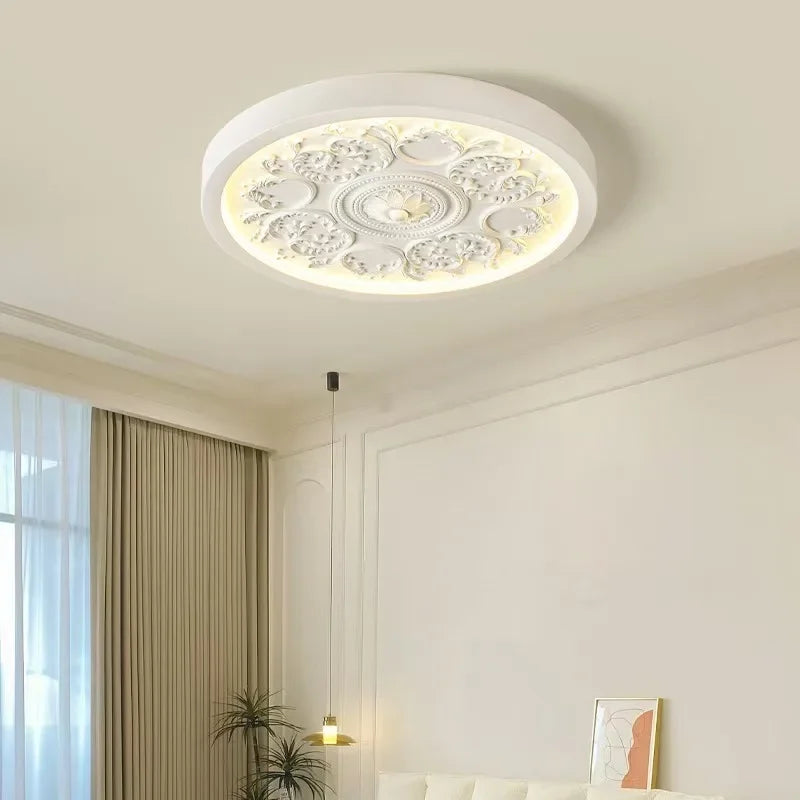 French Style Ceiling Lamp – Cream Flush Mount with Artistic Carving Home Lighting Fixtures for Bedroom, Bedroom, Study, Parlor