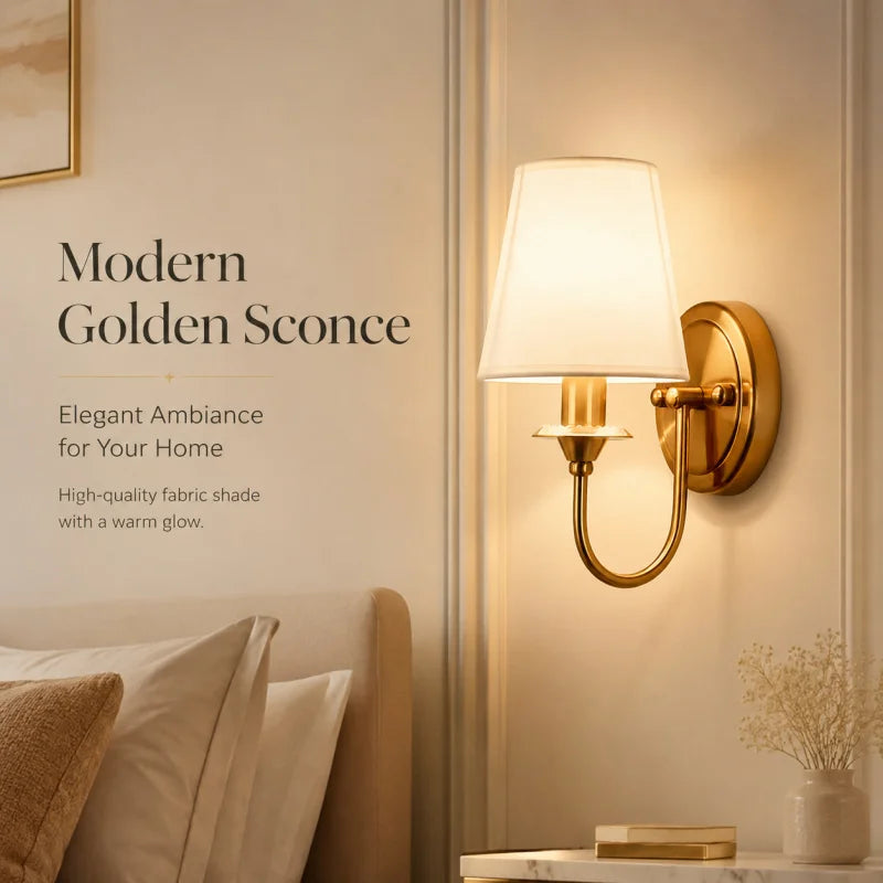 Modern Wall Sconce with White Fabric Shade E27 Gold Wall Lamp Bedroom Living Room Bathroom Vanity Light Fixture