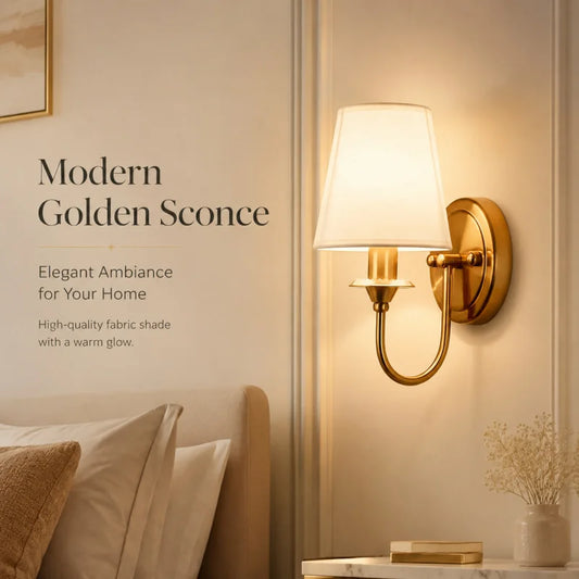 Modern Wall Sconce with White Fabric Shade E27 Gold Wall Lamp Bedroom Living Room Bathroom Vanity Light Fixture