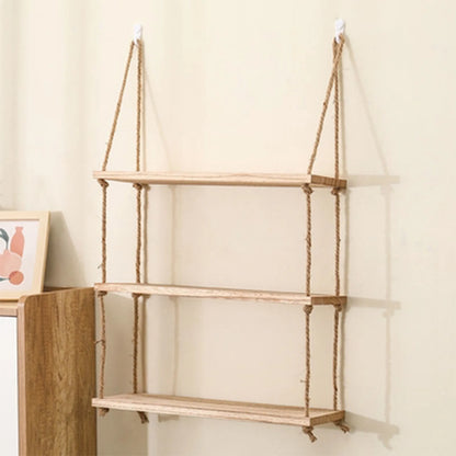 Wall-Mounted Floating Shelf with Rope, Rustic Wooden Dual-Layer Wall Storage Rack, Perfect Bathroom & Bedroom, Boho Home Decor