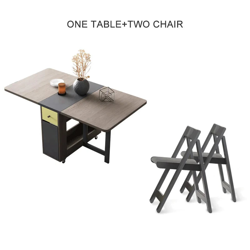 Folding Dining Table with Storage Rack and Two Storage Drawers, Movable Kitchen Table Extendable Versatile Table Space Saving