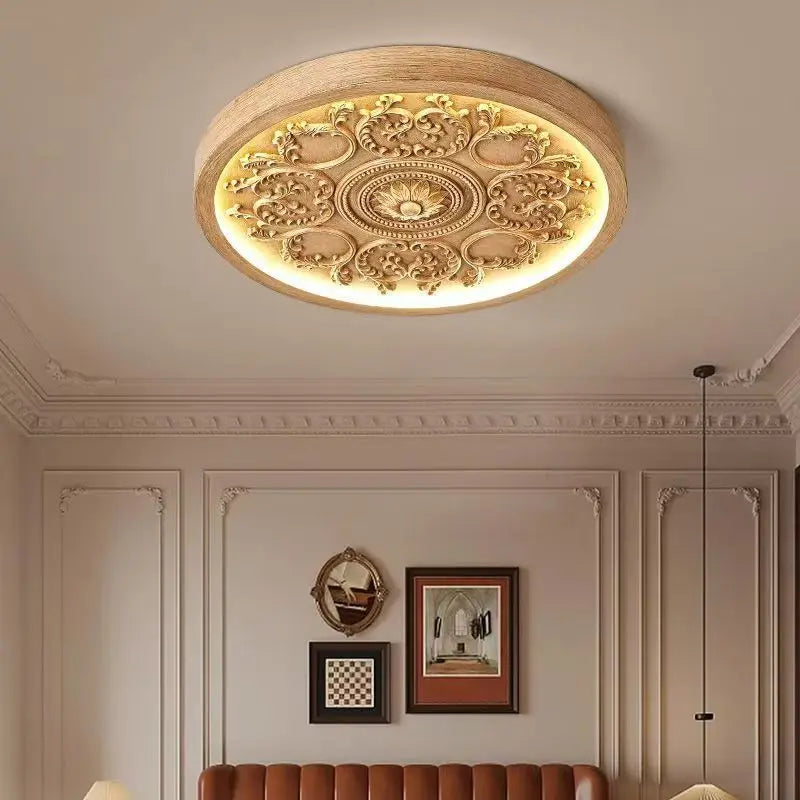 French Style Ceiling Lamp – Cream Flush Mount with Artistic Carving Home Lighting Fixtures for Bedroom, Bedroom, Study, Parlor