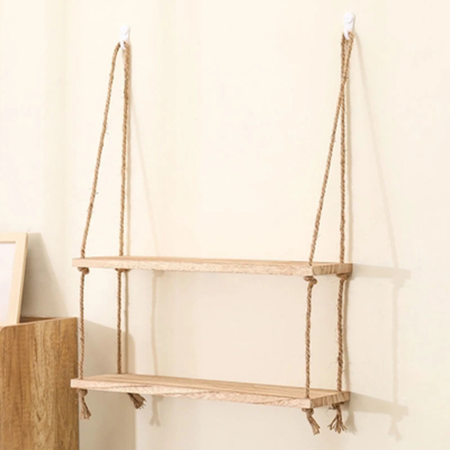 Wall-Mounted Floating Shelf with Rope, Rustic Wooden Dual-Layer Wall Storage Rack, Perfect Bathroom & Bedroom, Boho Home Decor