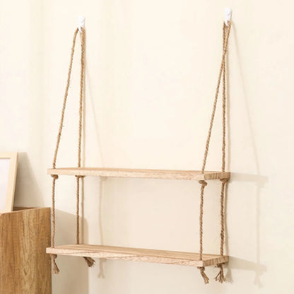 Wall-Mounted Floating Shelf with Rope, Rustic Wooden Dual-Layer Wall Storage Rack, Perfect Bathroom & Bedroom, Boho Home Decor