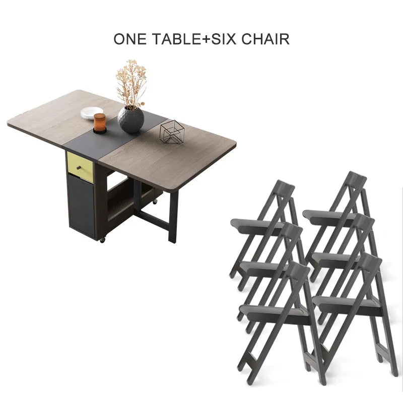 Folding Dining Table with Storage Rack and Two Storage Drawers, Movable Kitchen Table Extendable Versatile Table Space Saving