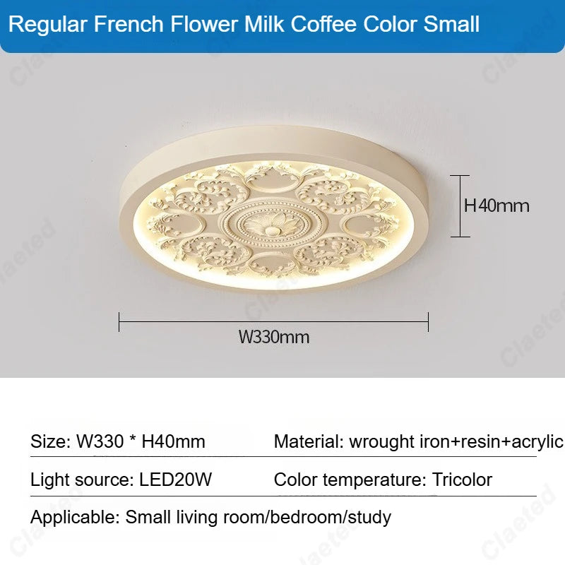 French Style Ceiling Lamp – Cream Flush Mount with Artistic Carving Home Lighting Fixtures for Bedroom, Bedroom, Study, Parlor