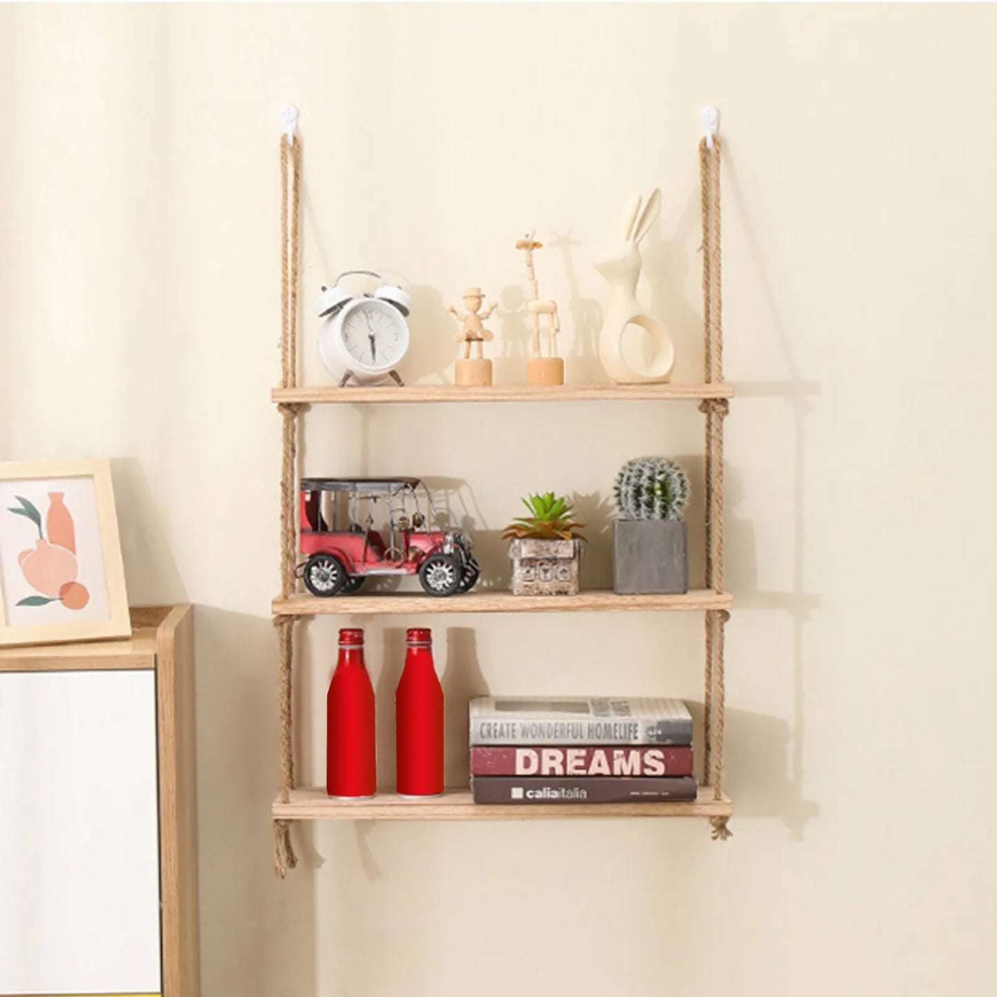 Wall-Mounted Floating Shelf with Rope, Rustic Wooden Dual-Layer Wall Storage Rack, Perfect Bathroom & Bedroom, Boho Home Decor