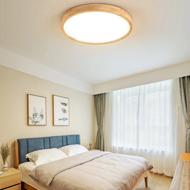 Modern Nordic Wooden Ceiling Light LED Round Flush Mount Lamp for Bedroom Living Room Solid Wood Plafond 30-60CM