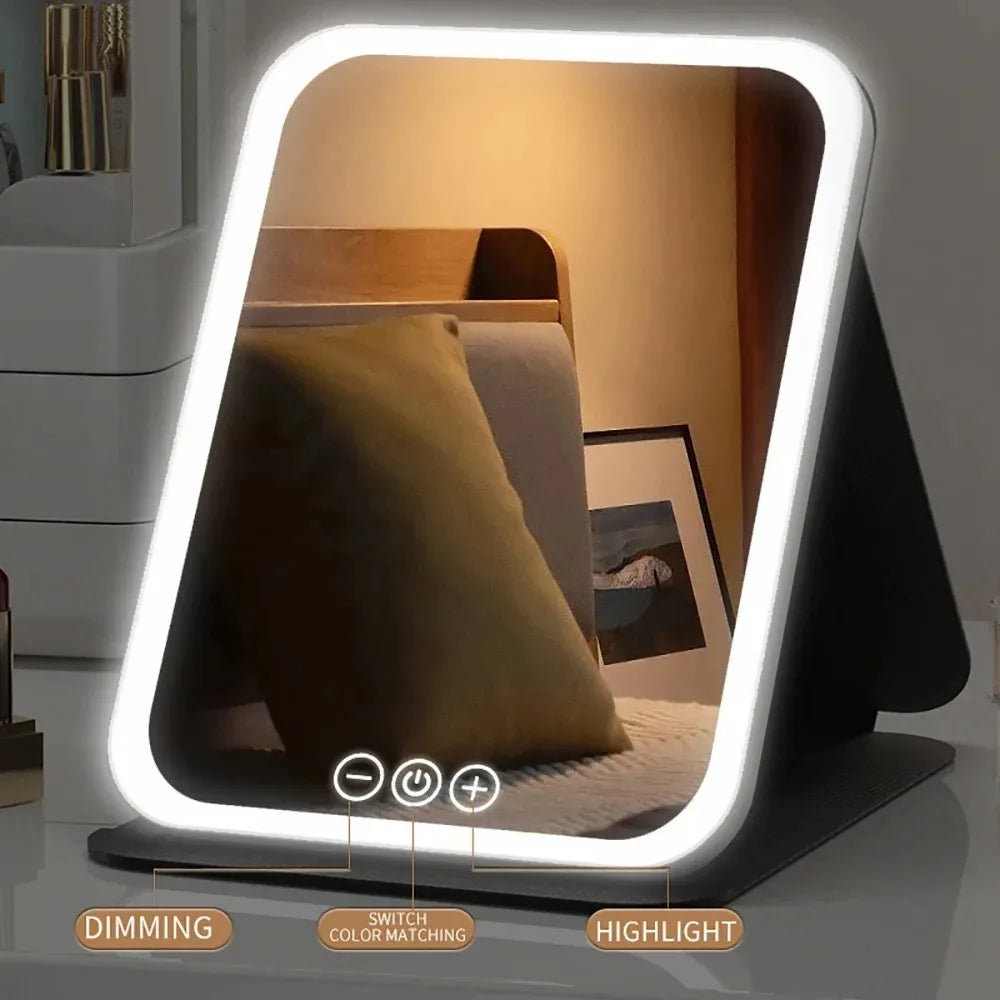 Foldable LED Makeup Mirror — Adjustable Light, USB Rechargeable
