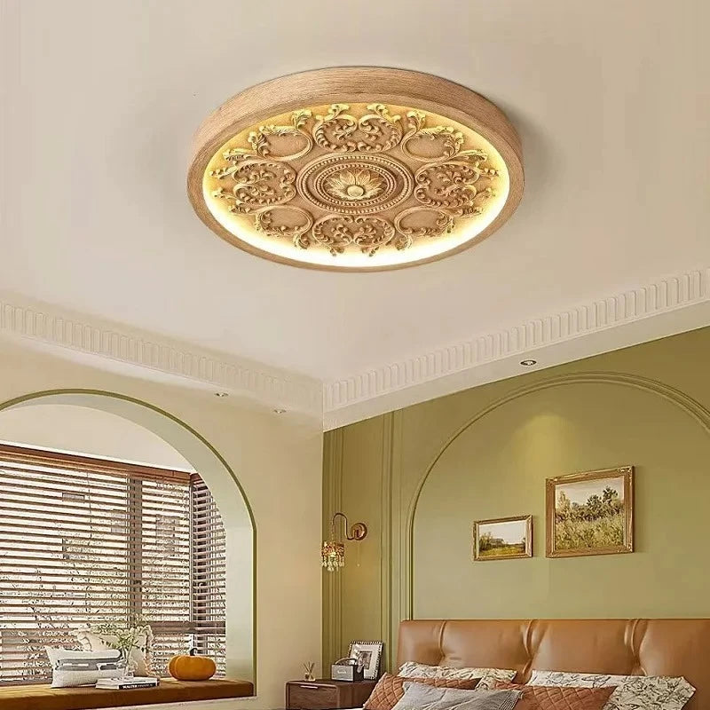 French Style Ceiling Lamp – Cream Flush Mount with Artistic Carving Home Lighting Fixtures for Bedroom, Bedroom, Study, Parlor