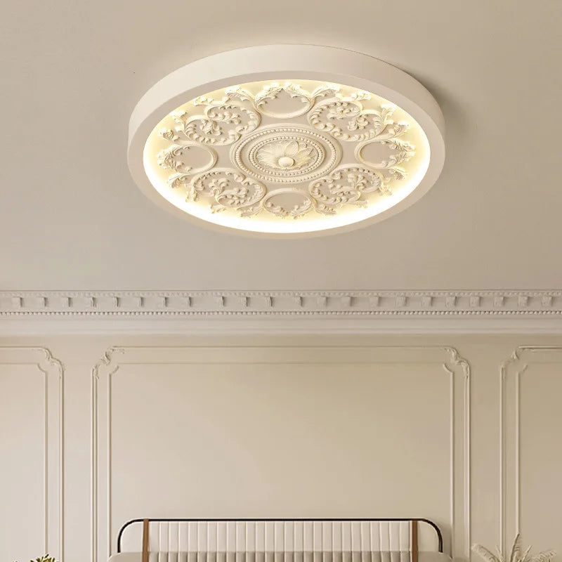 French Style Ceiling Lamp – Cream Flush Mount with Artistic Carving Home Lighting Fixtures for Bedroom, Bedroom, Study, Parlor