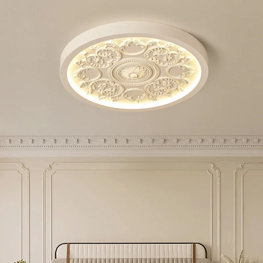 French Style Ceiling Lamp – Cream Flush Mount with Artistic Carving Home Lighting Fixtures for Bedroom, Bedroom, Study, Parlor