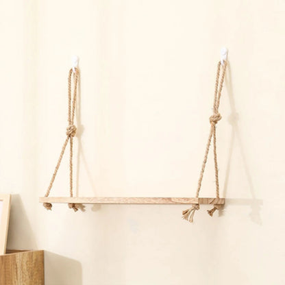 Wall-Mounted Floating Shelf with Rope, Rustic Wooden Dual-Layer Wall Storage Rack, Perfect Bathroom & Bedroom, Boho Home Decor