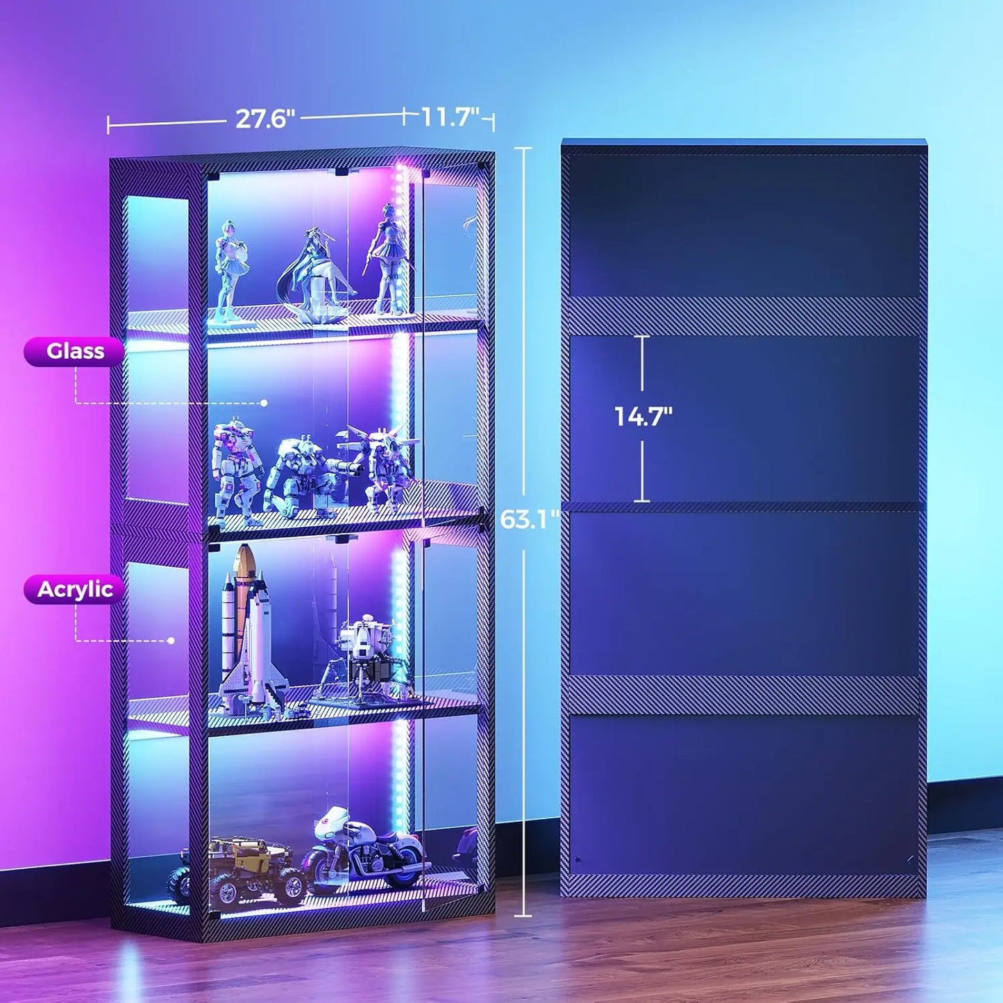 Glass Display Cabinet with Glass Doors, 4-Tier Display Case with RGB Lights, Glass Cabinet Shelf for Collectibles, Customized
