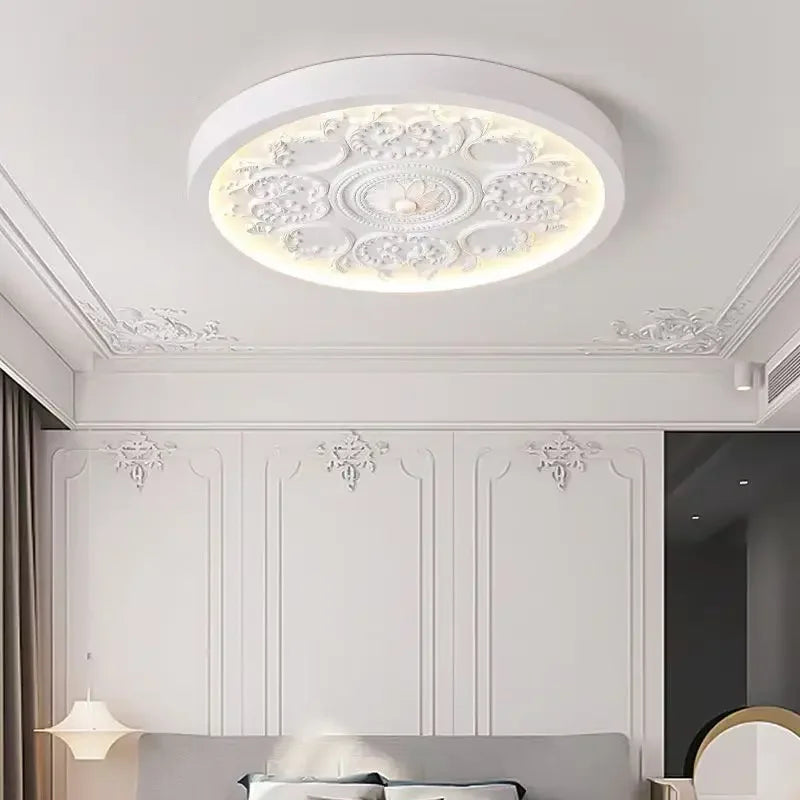 French Style Ceiling Lamp – Cream Flush Mount with Artistic Carving Home Lighting Fixtures for Bedroom, Bedroom, Study, Parlor