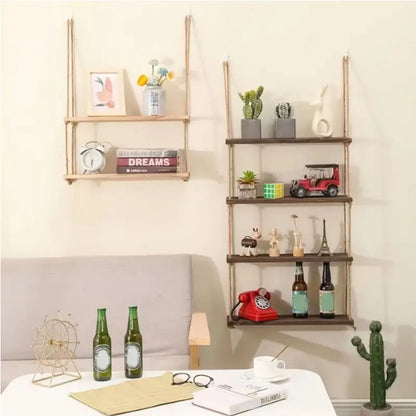 Wall-Mounted Floating Shelf with Rope, Rustic Wooden Dual-Layer Wall Storage Rack, Perfect Bathroom & Bedroom, Boho Home Decor