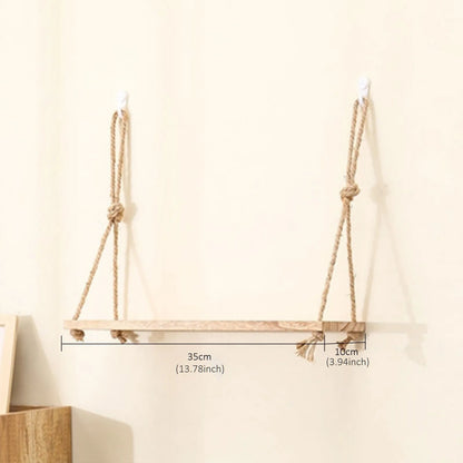 Wall-Mounted Floating Shelf with Rope, Rustic Wooden Dual-Layer Wall Storage Rack, Perfect Bathroom & Bedroom, Boho Home Decor