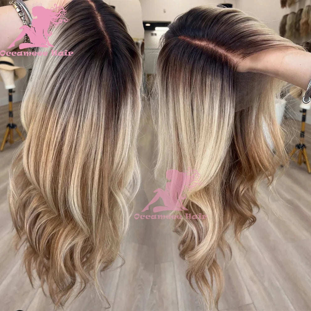 Ombré Body Wave Human Hair Wig — Ash Brown to Blonde Highlights