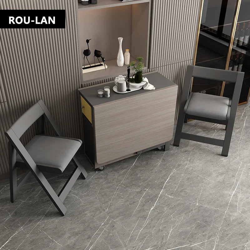 Folding Dining Table with Storage Rack and Two Storage Drawers, Movable Kitchen Table Extendable Versatile Table Space Saving