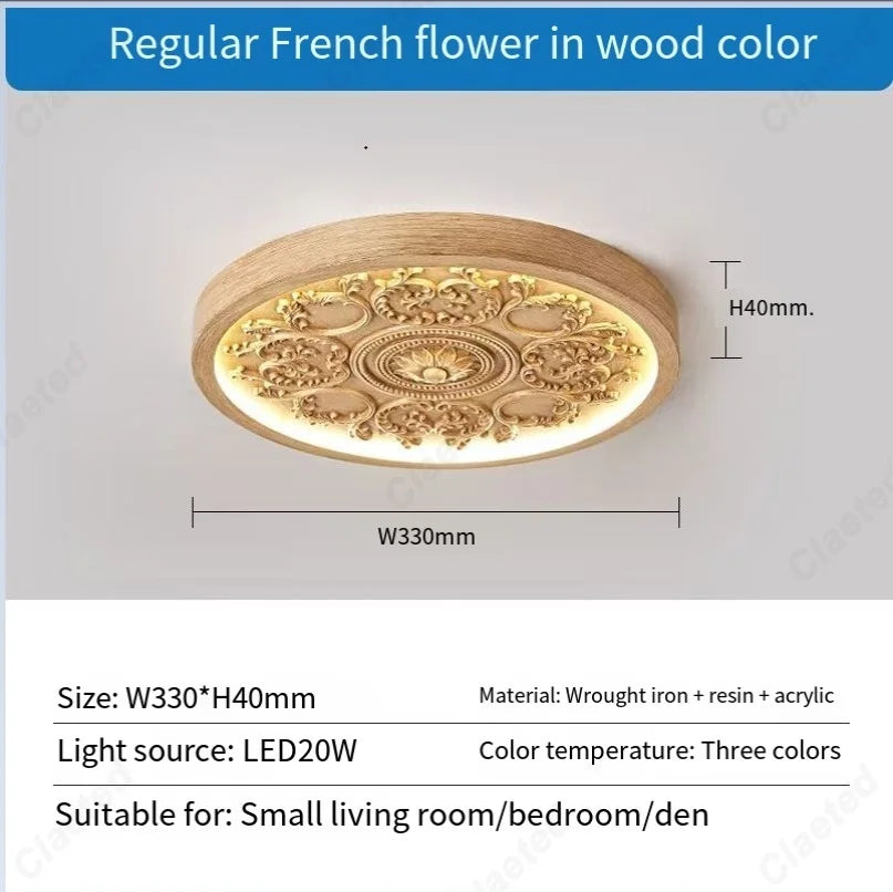 French Style Ceiling Lamp – Cream Flush Mount with Artistic Carving Home Lighting Fixtures for Bedroom, Bedroom, Study, Parlor