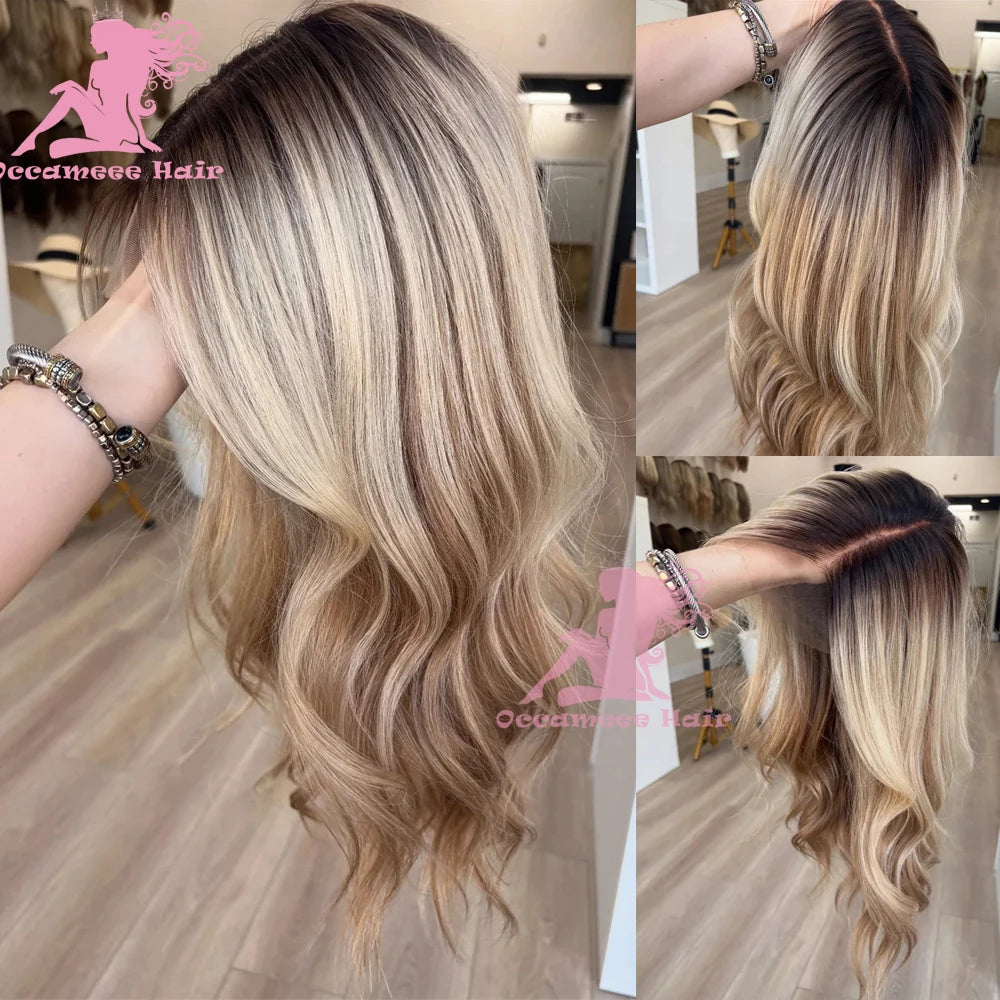 Ombré Body Wave Human Hair Wig — Ash Brown to Blonde Highlights