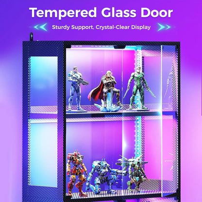 Glass Display Cabinet with Glass Doors, 4-Tier Display Case with RGB Lights, Glass Cabinet Shelf for Collectibles, Customized