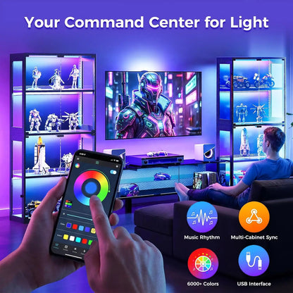 Glass Display Cabinet with Glass Doors, 4-Tier Display Case with RGB Lights, Glass Cabinet Shelf for Collectibles, Customized