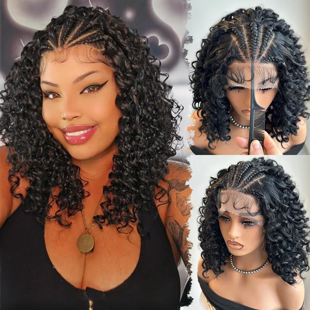 Braided Curly Bob Wig — Handmade Cornrow Lace Front, Human Hair