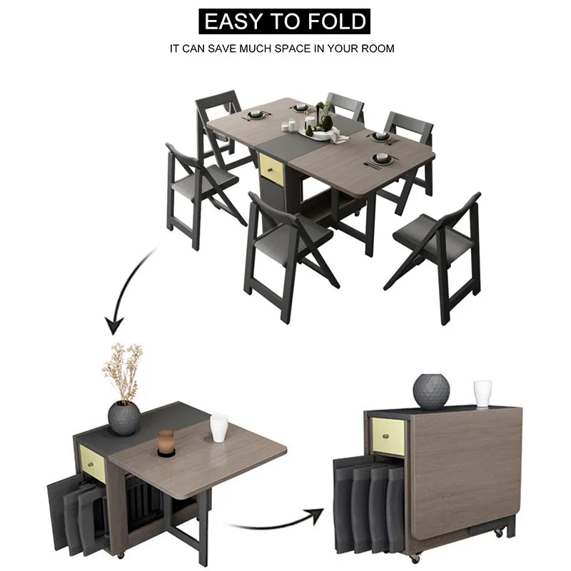 Folding Dining Table with Storage Rack and Two Storage Drawers, Movable Kitchen Table Extendable Versatile Table Space Saving