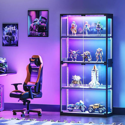 Glass Display Cabinet with Glass Doors, 4-Tier Display Case with RGB Lights, Glass Cabinet Shelf for Collectibles, Customized