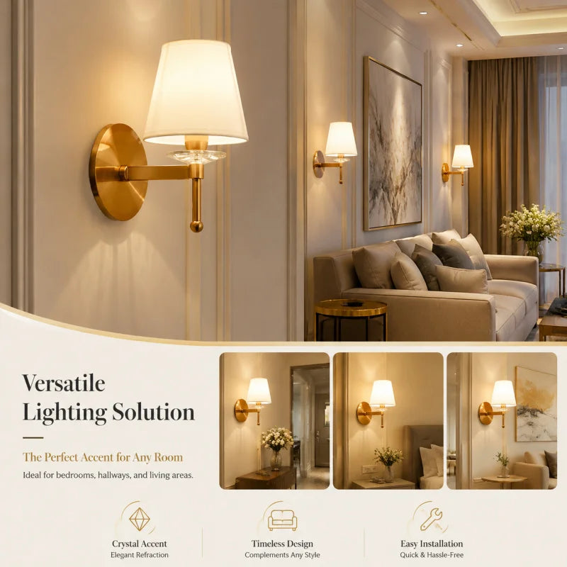 Modern Wall Sconce with White Fabric Shade E27 Gold Wall Lamp Bedroom Living Room Bathroom Vanity Light Fixture