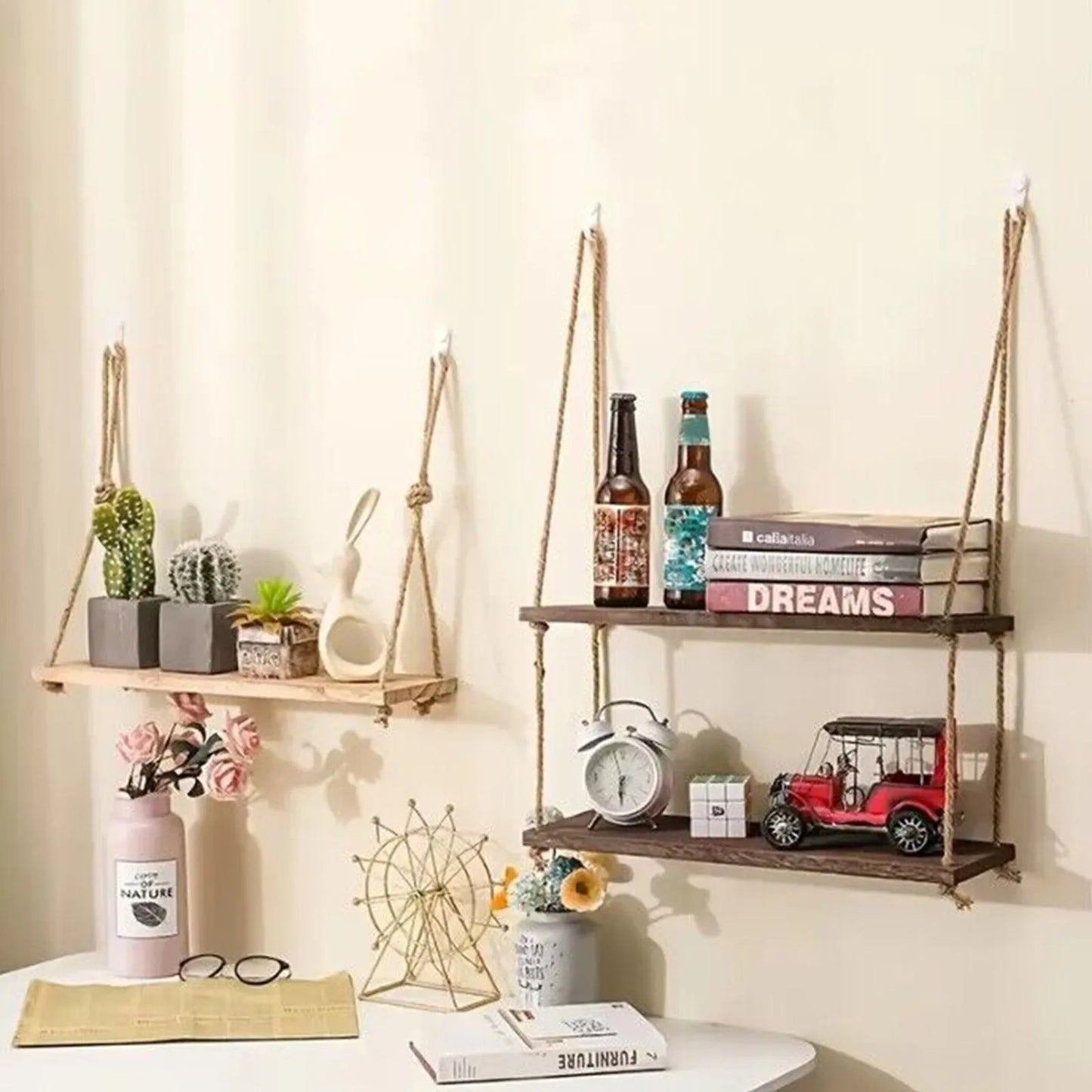 Wall-Mounted Floating Shelf with Rope, Rustic Wooden Dual-Layer Wall Storage Rack, Perfect Bathroom & Bedroom, Boho Home Decor