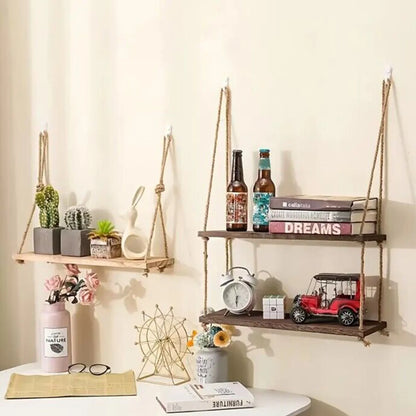 Wall-Mounted Floating Shelf with Rope, Rustic Wooden Dual-Layer Wall Storage Rack, Perfect Bathroom & Bedroom, Boho Home Decor